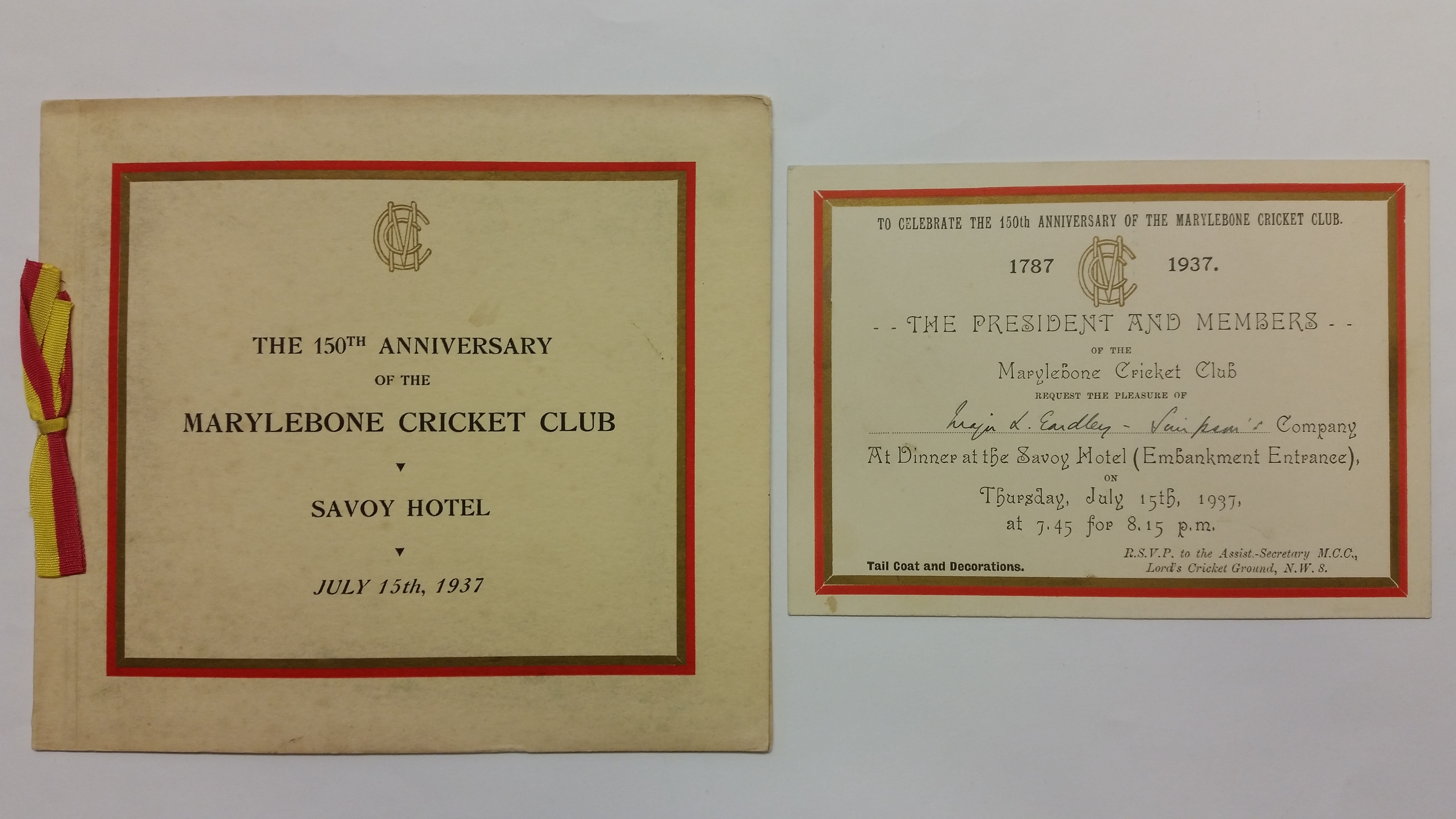 CRICKET, selection from MCC 150th Anniversary dinner, 15th July 1937, menu booklet, invitation &