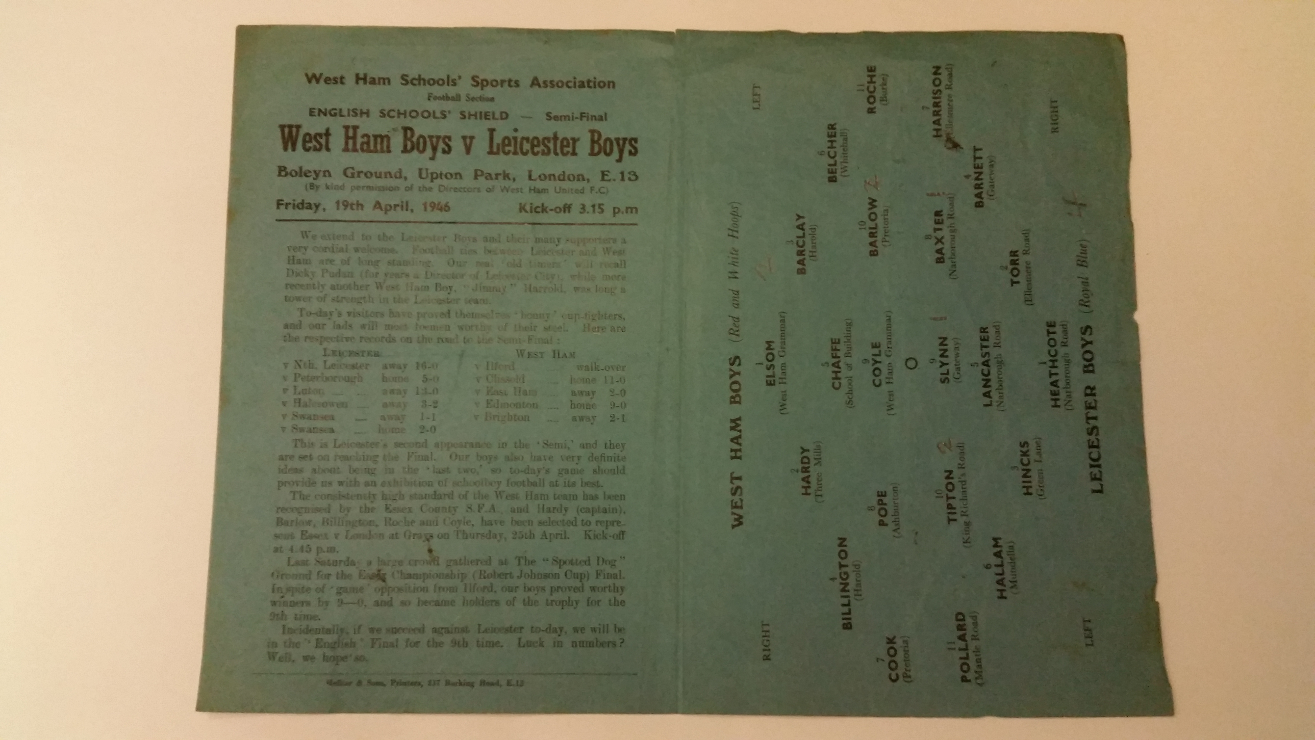 FOOTBALL, programme, West Ham Boys v Leicester Boys, 19th April 1946, England Schools Shield semi-