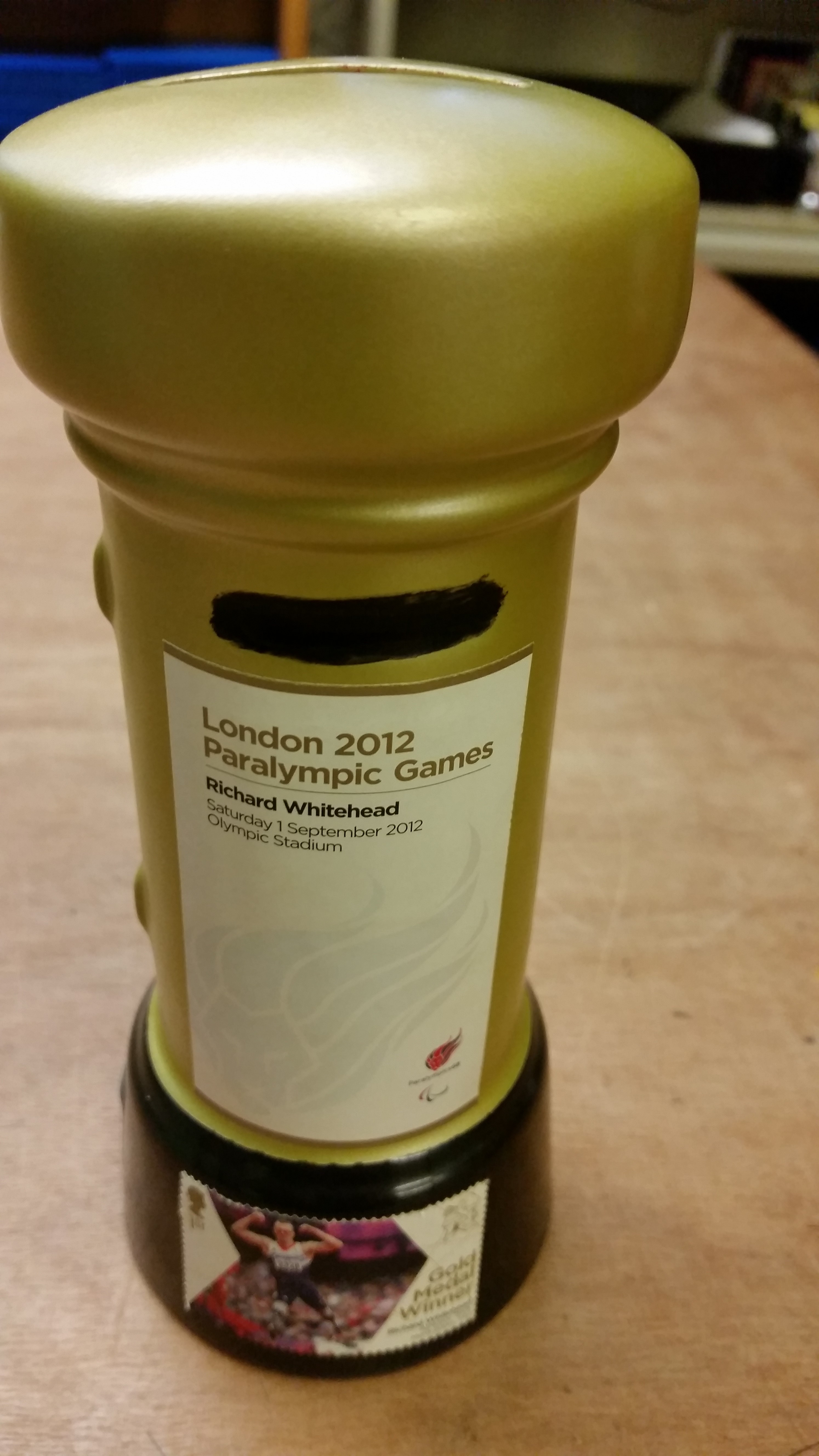 OLYMPICS, London 2012, miniature pottery gold letterbox for Richard Whitehead, with stamp attached