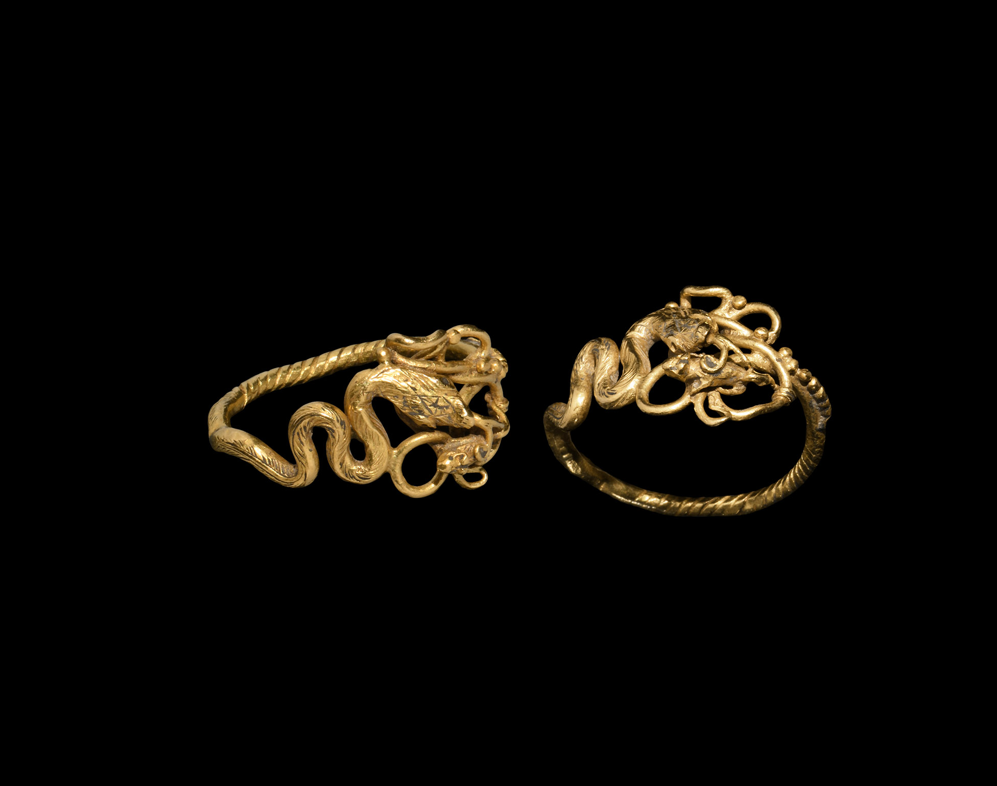 Romano-Egyptian Gold Ring with Snake Catching a Mouse