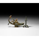 Roman Oil Lamp with Animals and Tripod Stand