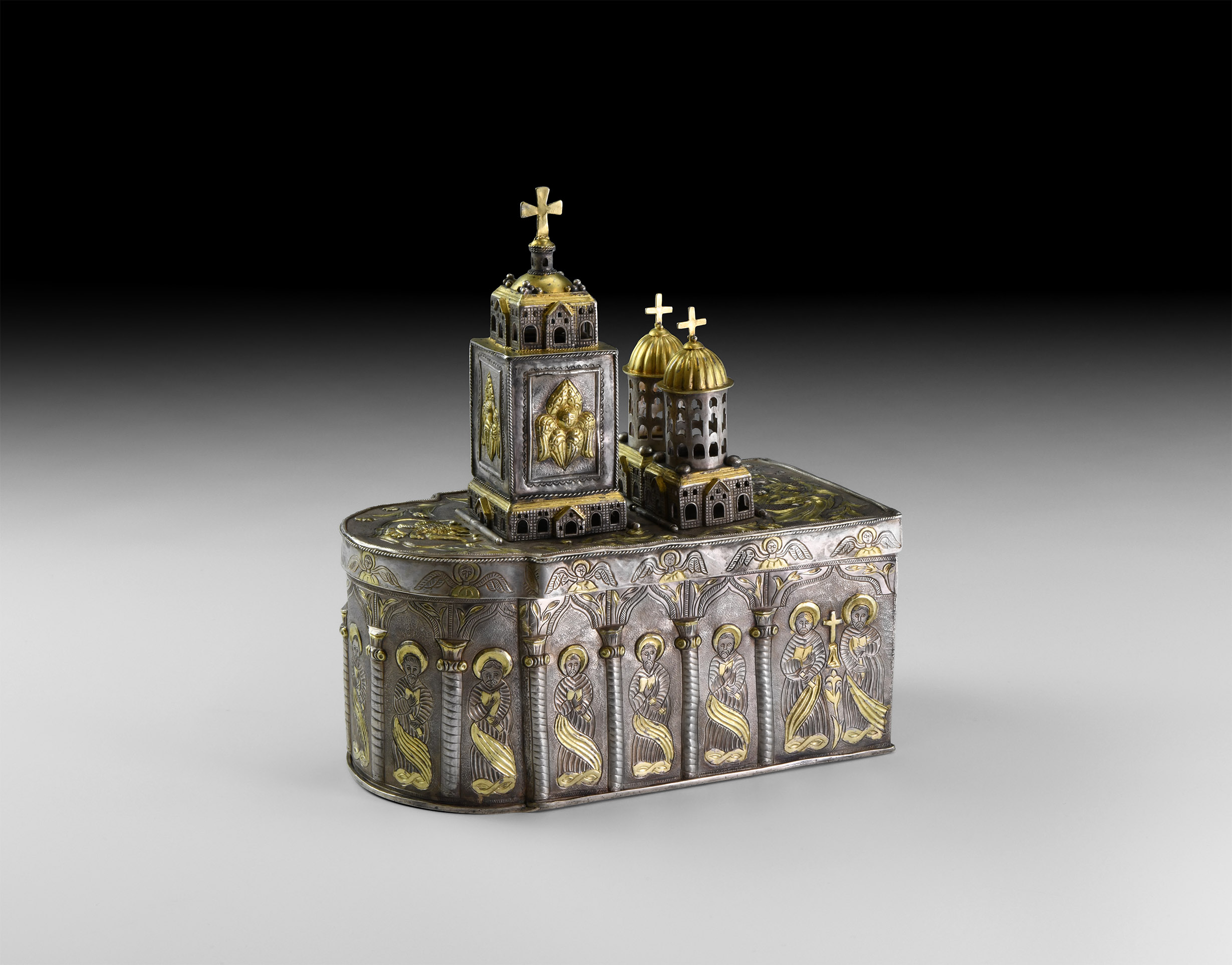 Russian Gilt Silver Reliquary Box with Romanov Eagle