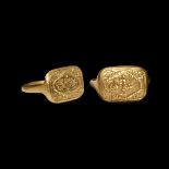 Medieval Gold Ring with Cross and Lions