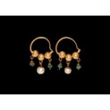 Gold Earrings with Emerald and Pearl Drops