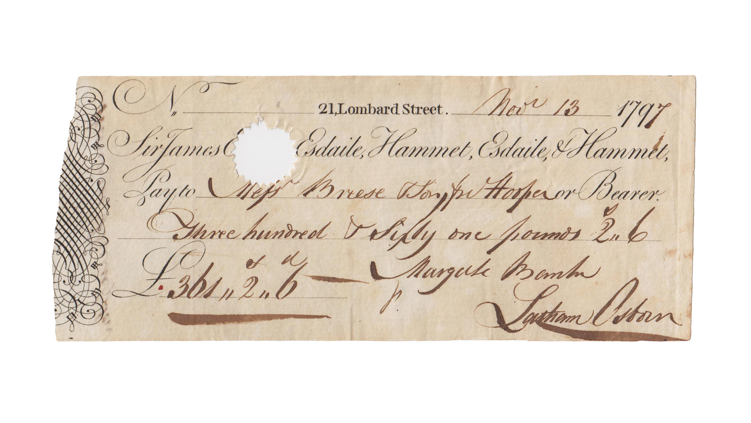 Esdaile, & Hammet - 1797 - £361/2/6 Cheque