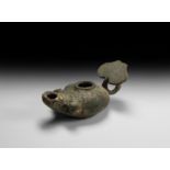 Roman Oil Lamp with Leaf-Shaped Handle