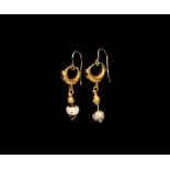 Roman Gold Hoop Earrings with Garnets and Glass Bead Drops