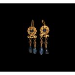 Roman Gold Floral Earrings with Large Sapphire Drops