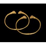 Western Asiatic Late Achaemenid Gold Ram-Headed Bracelet Pair