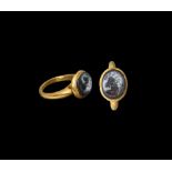 Western Asiatic Sassanian Gold Ring with Horse Head Gemstone