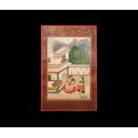 Indian Mughal Painting with Two Ladies Sitting on Terrace