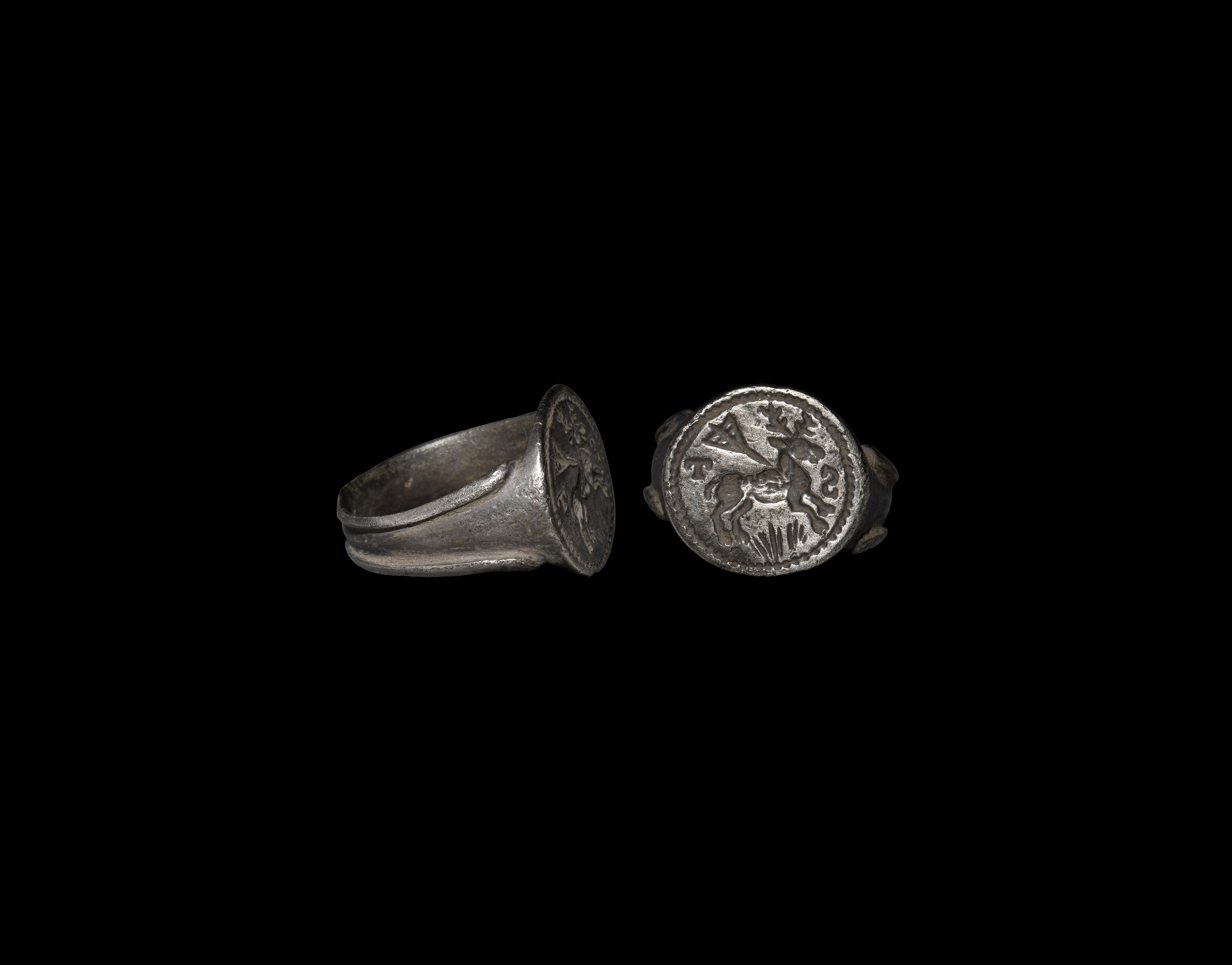 Post Medieval Silver Signet Ring with Stag and Initials