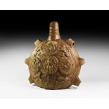 Large Medieval Glazed Stoneware Armorial Gourd Flask
