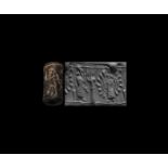 Neo-Assyrian Cylinder Seal with Fire-Altar, Nimbate Deity, Ishtar and Nabu