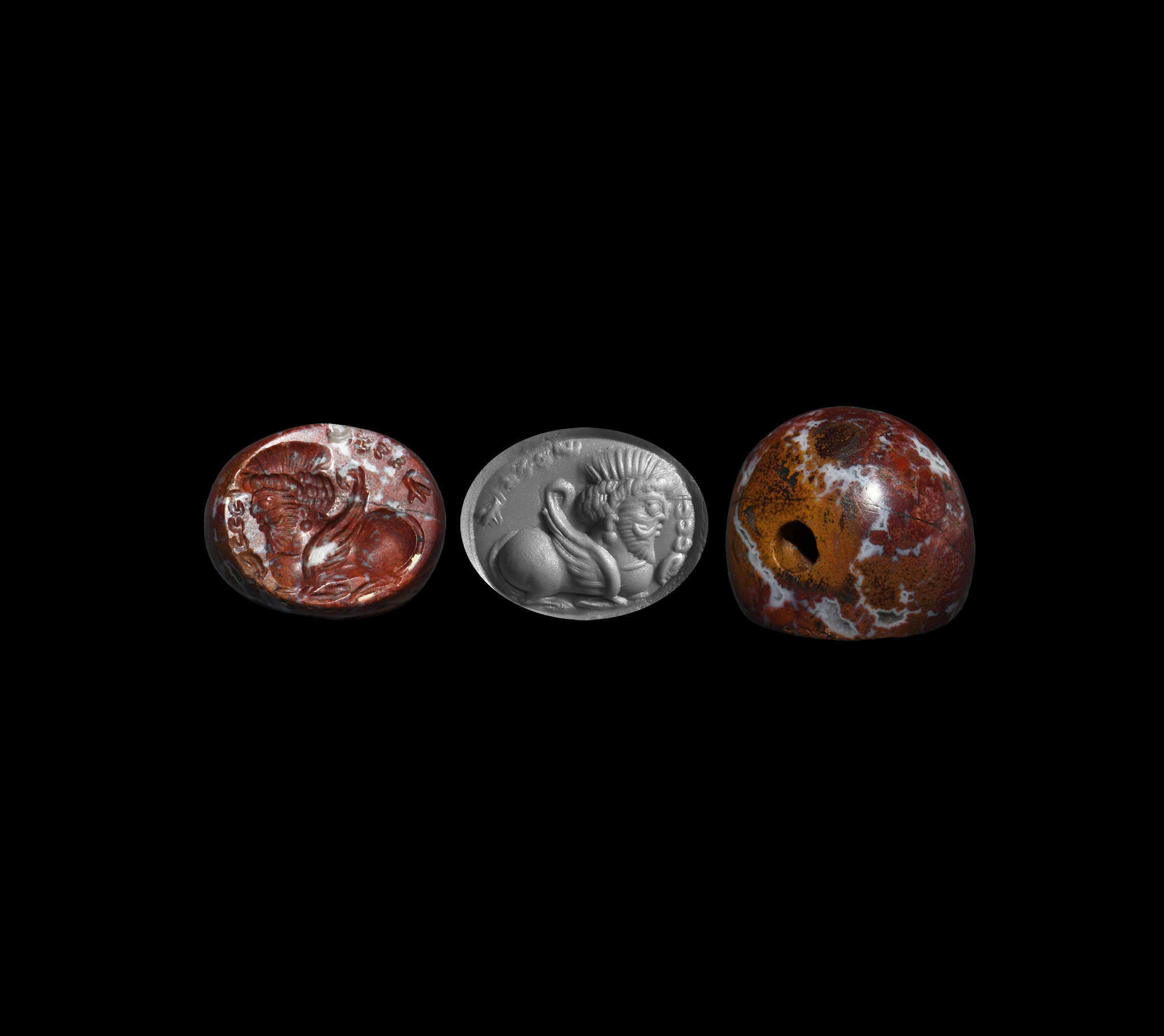 Sassanian Red Jasper Stamp Seal with Human-Headed Bull