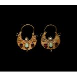 Byzantine Gold Filigree Earrings with Garnets and Turquoise