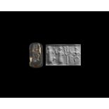 Old Babylonian Cylinder Seal with Worship Scene and Dancing Man