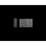 Mesopotamian Cylinder Seal with Figures and Offering Tablet