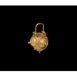 Byzantine Gold Earring with Bosses and Fretwork Top