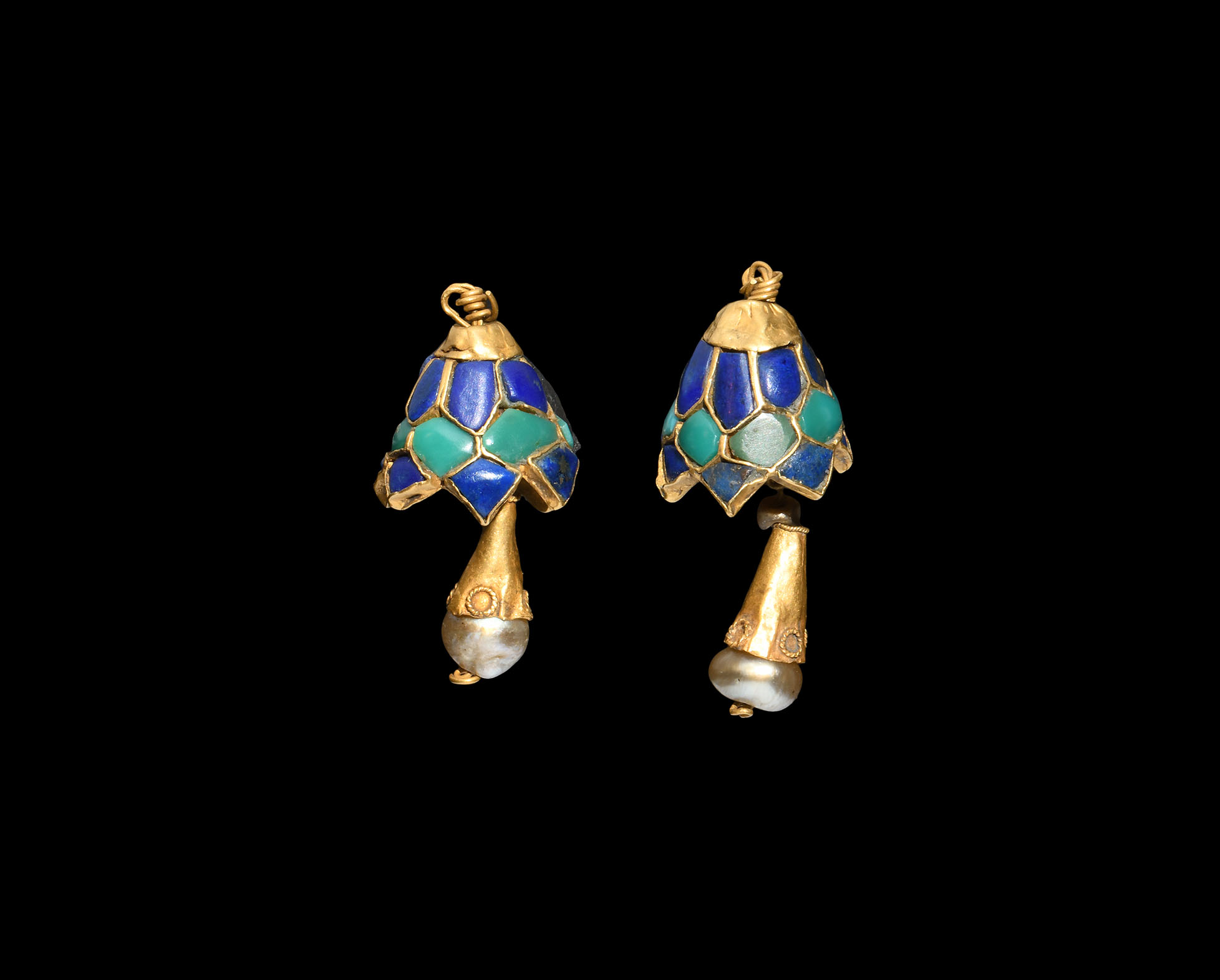 Egyptian Lapis Lazuli and Turquoise Inlaid Gold Earring Pair