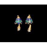 Egyptian Lapis Lazuli and Turquoise Inlaid Gold Earring Pair
