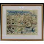 René Piaggi - Port d'Honfleur, 20th century monotype with hand-colouring, 22cm x 27cm, within a