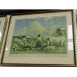 Alfred Munnings - Gypsies on Epsom Downs, Derby Week, colour print, signed in pencil and with Fine