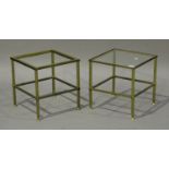 A pair of mid-20th century gilt metal and glass square occasional tables, height 38cm, width 36cm,