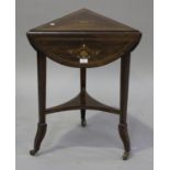 A late Victorian rosewood and foliate inlaid circular drop-flap occasional table, raised on square