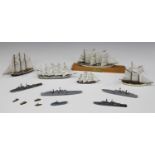 A waterline model of the sailing ship 'Gorch Fock', four other waterline models of sailing ships,