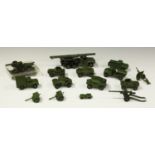 A collection of Dinky Toys army vehicles and accessories, including a No. 677 armoured command