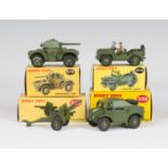 Three Dinky Toys army vehicles, comprising a No. 670 armoured car, a No. 674 Austin Champ and a