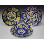 Six assorted maiolica dishes, 20th century in an earlier style, painted variously with birds and