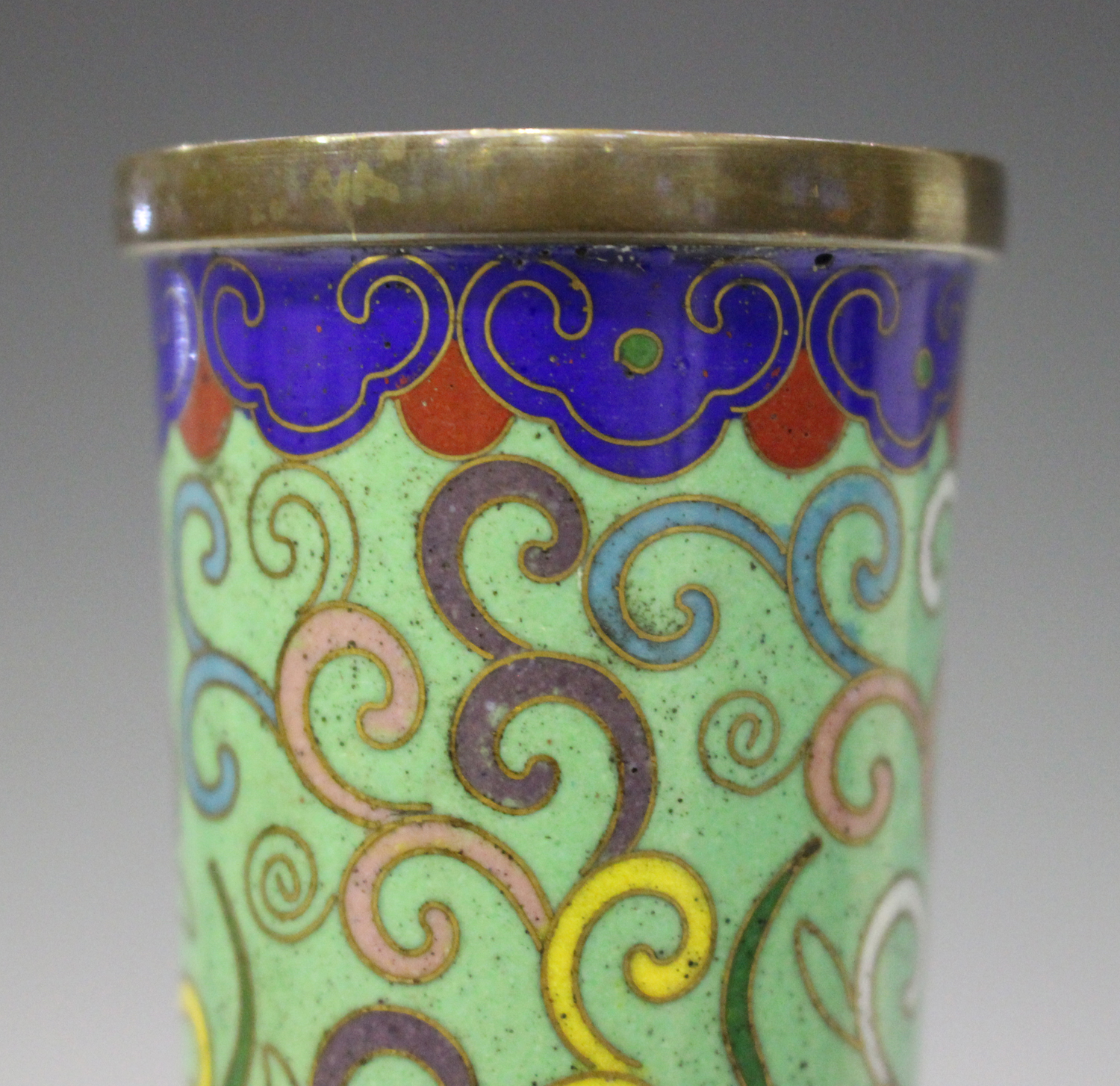 A Chinese cloisonné pale green ground bottle vase, early 20th century, the bulbous body with - Image 3 of 5