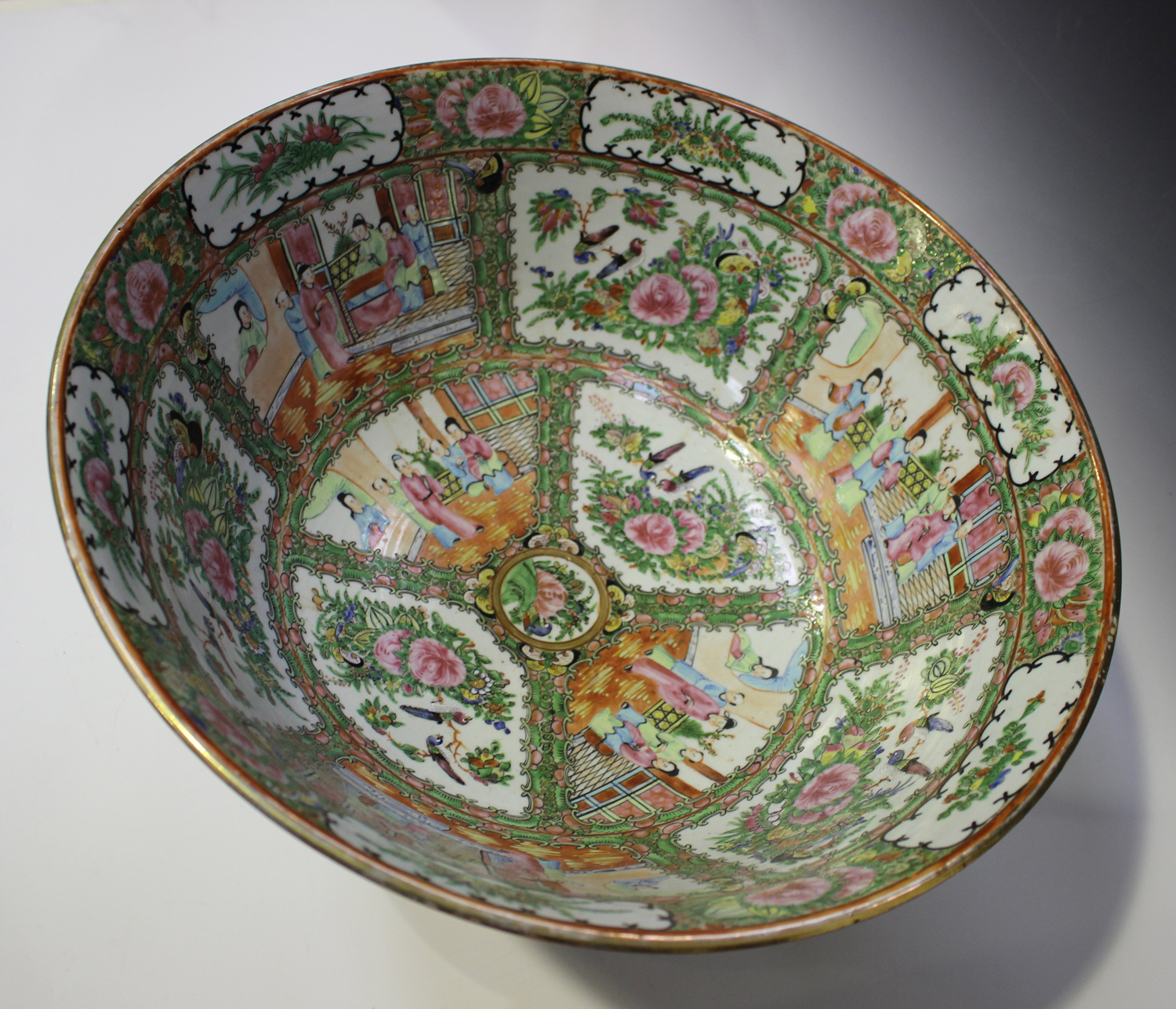 A Chinese Canton famille rose porcelain punchbowl, mid to late 19th century, the interior and - Image 8 of 13