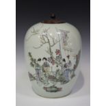 A Chinese famille rose porcelain ginger jar with wood cover, Republic period, the ovoid body painted