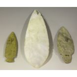 A group of three American chipped flint arrow or spear heads, one inscribed 'Ohio U.S.A.' and