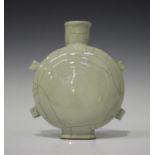 A Chinese Guan type crackle glazed moonflask, Song style but 20th century, the flattened circular