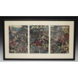 Utagawa Yoshitaki (1841-1899) - a Japanese polychrome triptych woodblock print depicting a battle