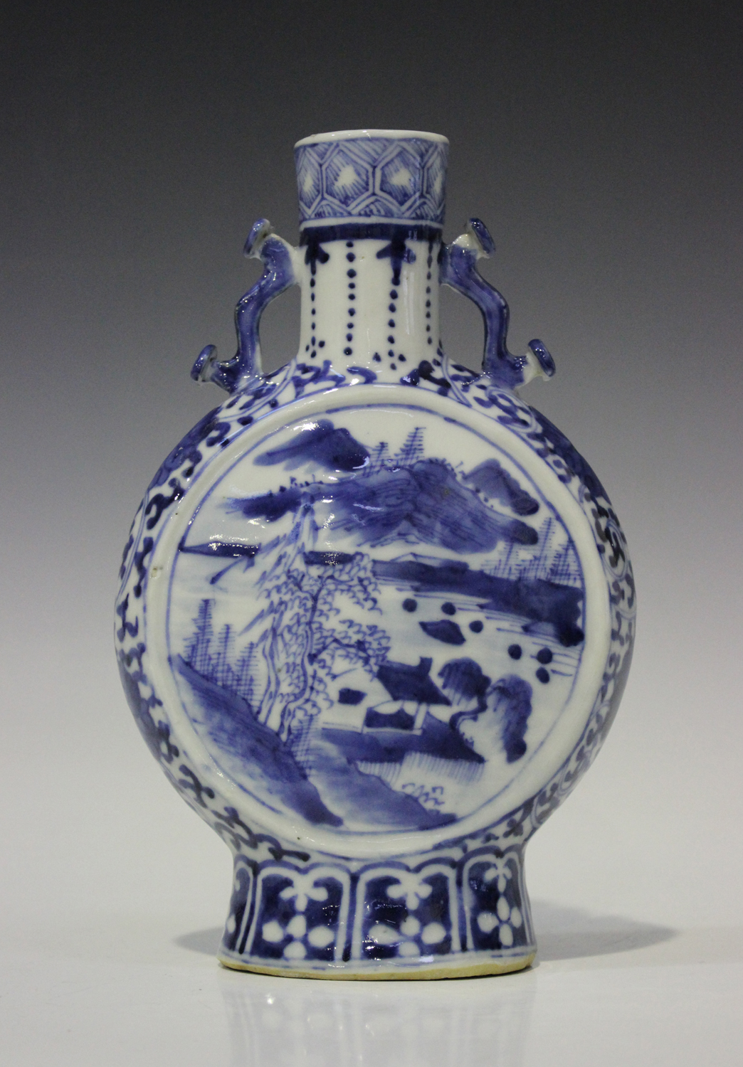 A Chinese blue and white porcelain moonflask, mark of Kangxi but late 19th century, the flattened - Image 5 of 6