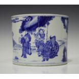 A Chinese blue and white porcelain brushpot, Kangxi style but 20th century, of gently waisted