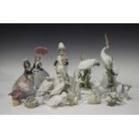 Ten Lladro porcelain figures, including Bowing Crane, No. 1613, Dancing Crane, No. 1614, Angela, No.