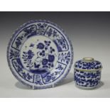 A Chinese blue and white porcelain jar and cover, Kangxi period, painted with lotus and leafy