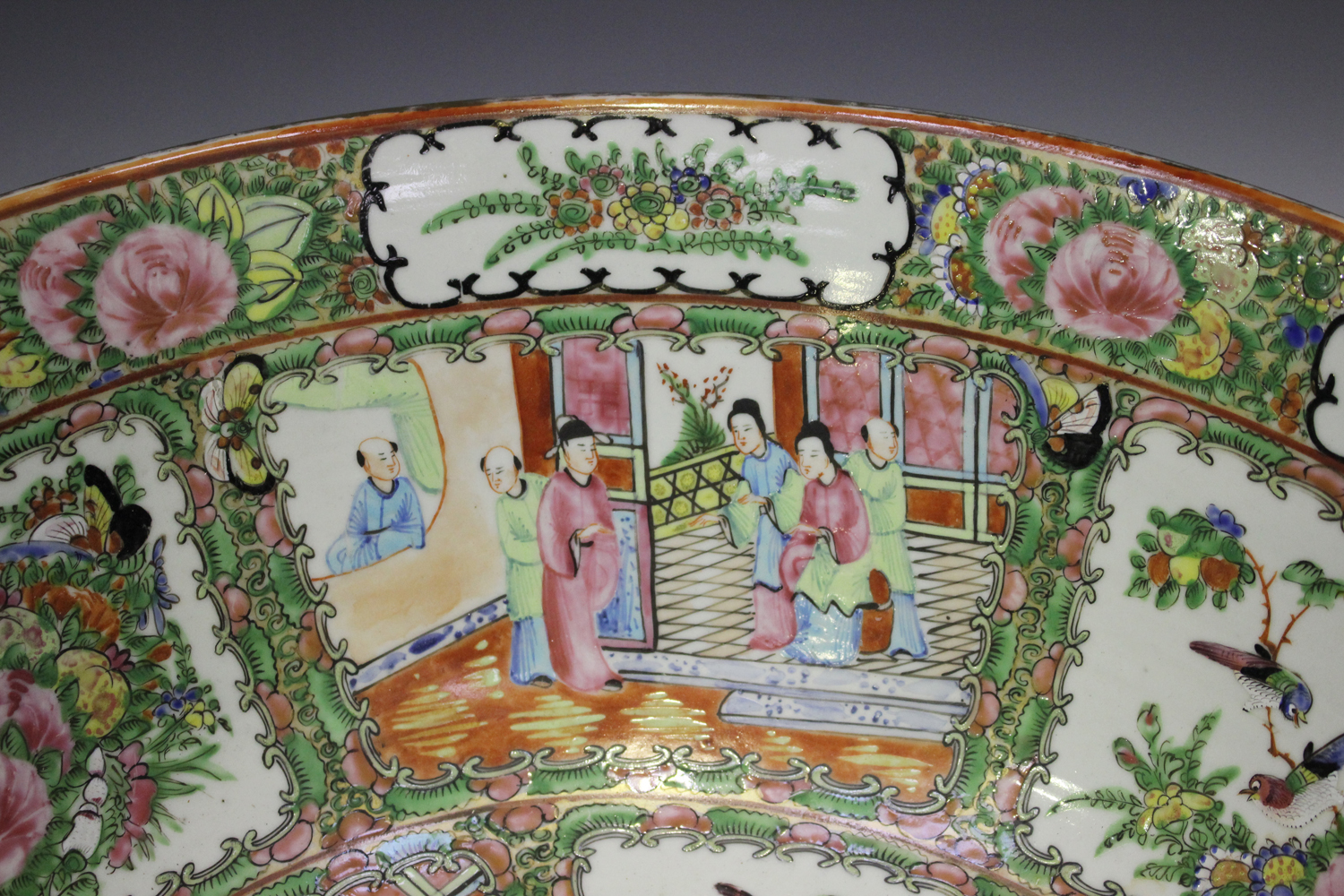 A Chinese Canton famille rose porcelain punchbowl, mid to late 19th century, the interior and - Image 5 of 13