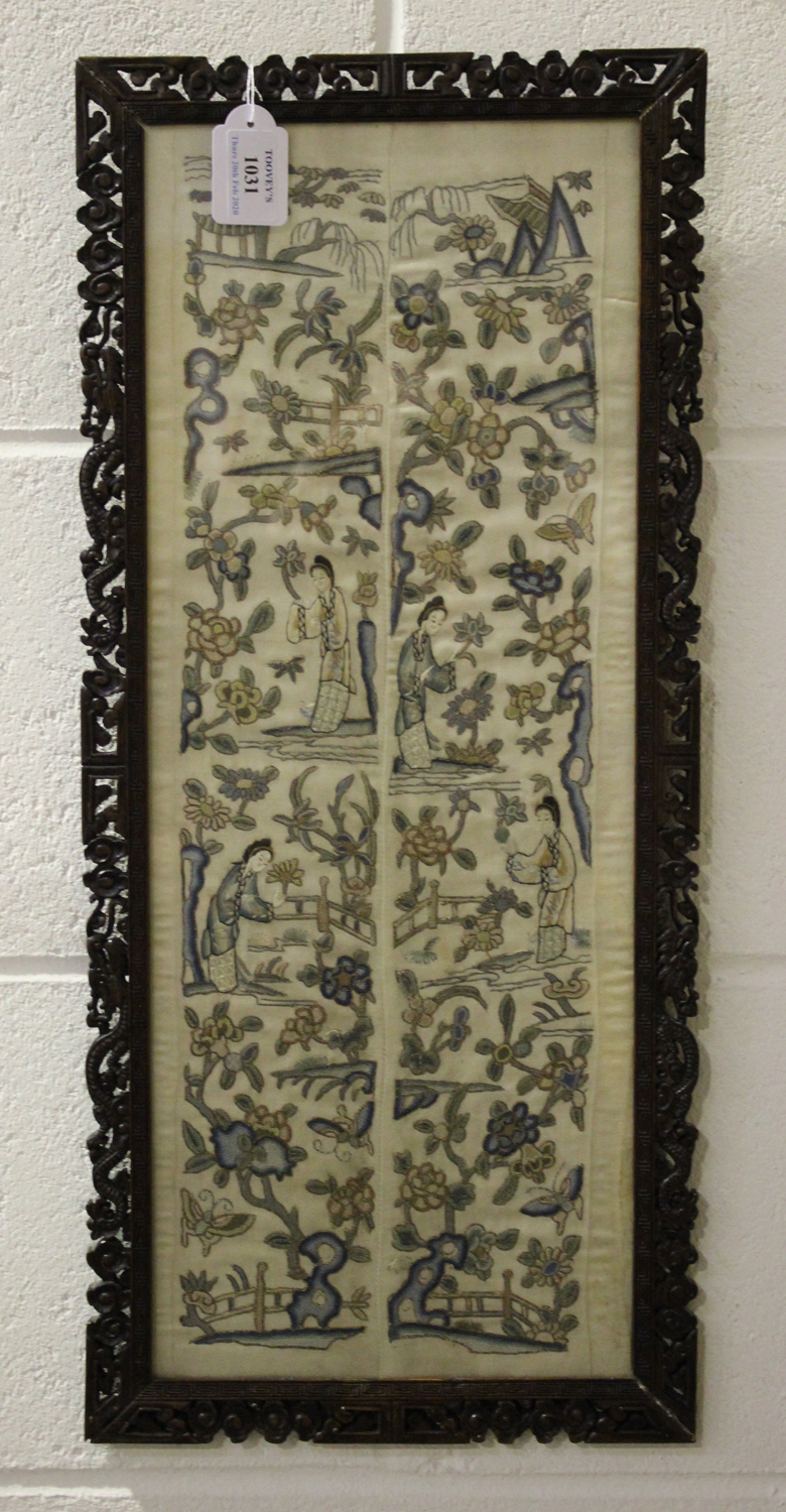 A pair of Chinese silk embroidered sleeve panels, late Qing dynasty, joined as one and worked in