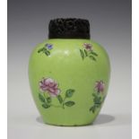 A Chinese famille rose enamelled lime green glazed porcelain ginger jar, late Qing dynasty,