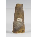 A Scandinavian Neolithic chipped stone axe head, bearing 'F.S. Clark Collection' label, detailed '