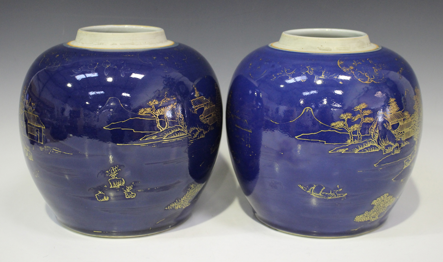 A pair of Chinese power blue glazed porcelain ginger jars and covers, Kangxi style but 19th century, - Image 5 of 7