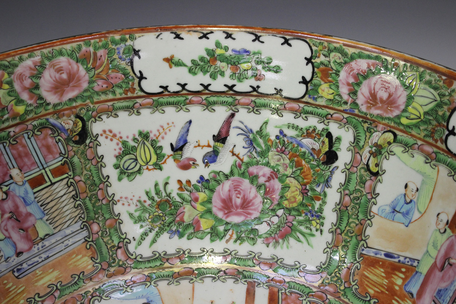 A Chinese Canton famille rose porcelain punchbowl, mid to late 19th century, the interior and - Image 6 of 13