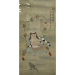 A Chinese watercolour painting, 20th century, depicting Liu Hai dancing, holding a string of cash